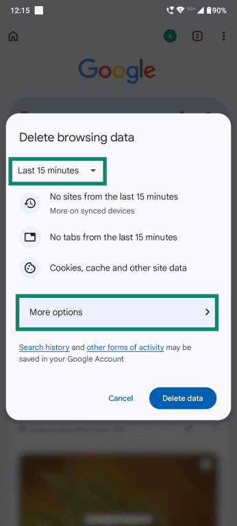 The "Delete browsing data" window in Chrome on Android, highlighting the time range option and the "More options" tab.