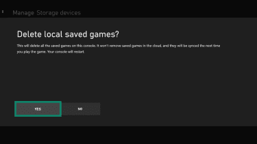 Xbox Clear local saved games option with the Yes button highlighted.