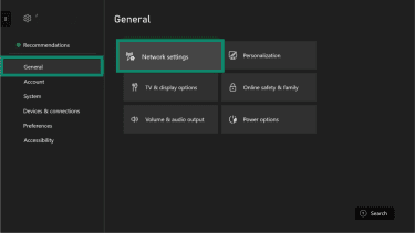 Xbox Settings menu with General selected and the Network settings option highlighted.