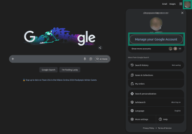 "Manage your Google Account" option highlighted in the Google account drop-down menu on Firefox.