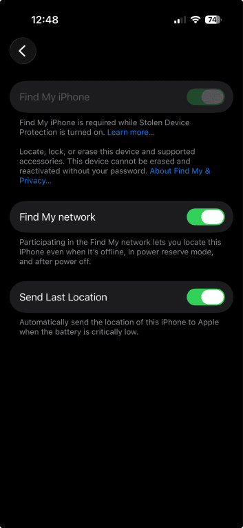 Find My screen with Send Last Location enabled