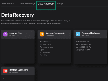 Options to restore files, bookmarks, contacts, and calendars under the Data Recovery tab on iCloud web.