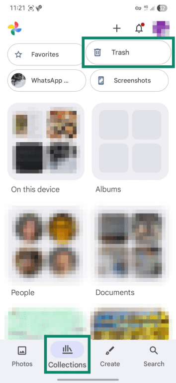 Trash folder in Google Photos.