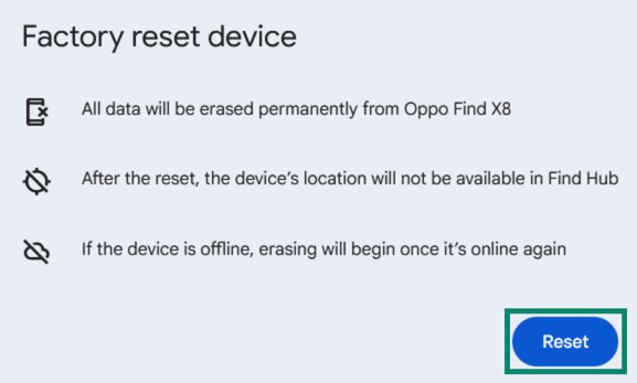 Confirming a remote wipe / factory reset in Google's Find Hub