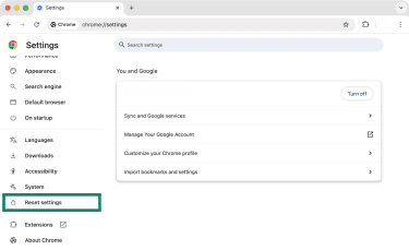 Chrome's Settings panel with the Reset settings option highlighted.