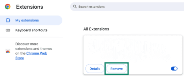 Chrome's Extensions screen with the Remove button highlighted.