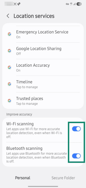 Enabling Wi-Fi and Bluetooth location scanning on Android.