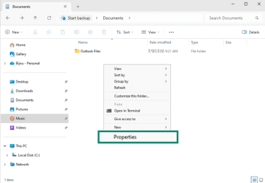 "Properties" option highlighted in the right-click menu inside a folder in Windows 11.