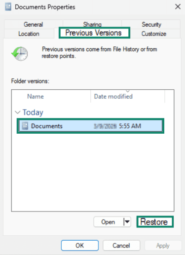 "Previous version" section and "Restore" button highlighted for a previous version of a folder in Windows 11.
