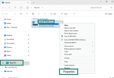 "Properties" option highlighted in the right-click menu of Local Disk (C:) on Windows.