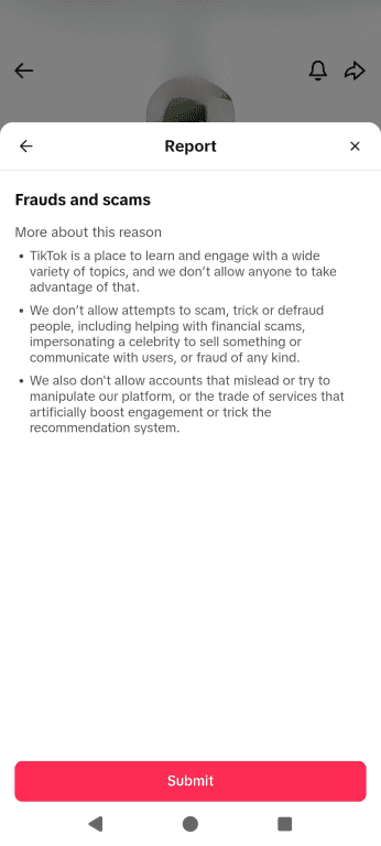 The TikTok account report feature, showing the final "Submit" option.