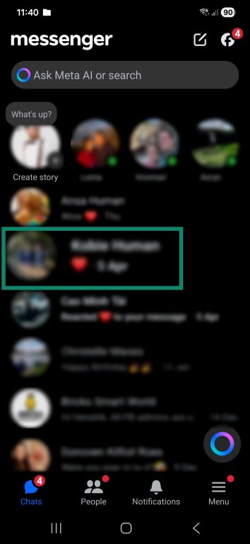 Messenger Android mobile app showing active chats.