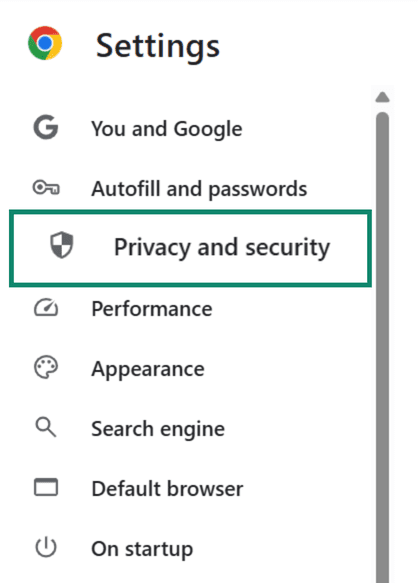 Chrome Settings menu with Privacy and security highlighted in the left navigation panel.