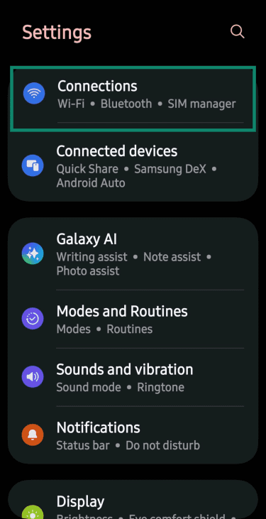 Android Settings screen with “Connections” highlighted.