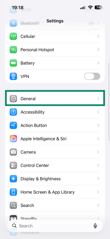The Settings screen of an iPhone, showing the General option.