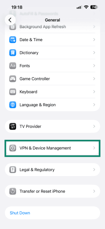 The General menu of the iPhone Settings app, showing the VPN & Device Management option. 