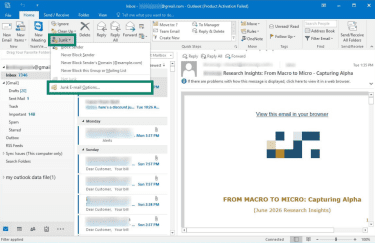 How to access the junk email options in the classic Outlook for Windows