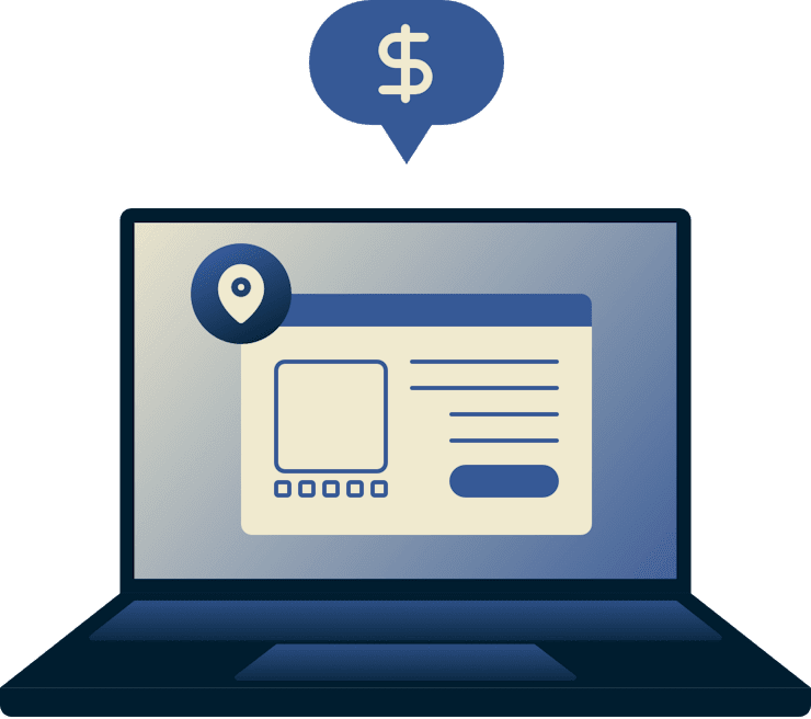 Kannettava tietokone näyttää selainikkunan, jossa on sijaintitappi ja sen yläpuolella dollarimerkki.