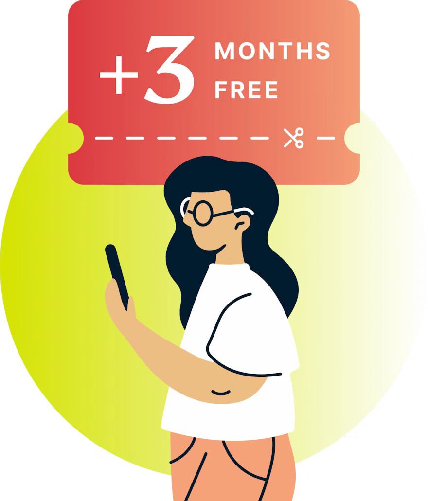 Personnage portant un smartphone ainsi qu'une étiquette mentionnant la promotion de 3 mois supplémentaires gratuits