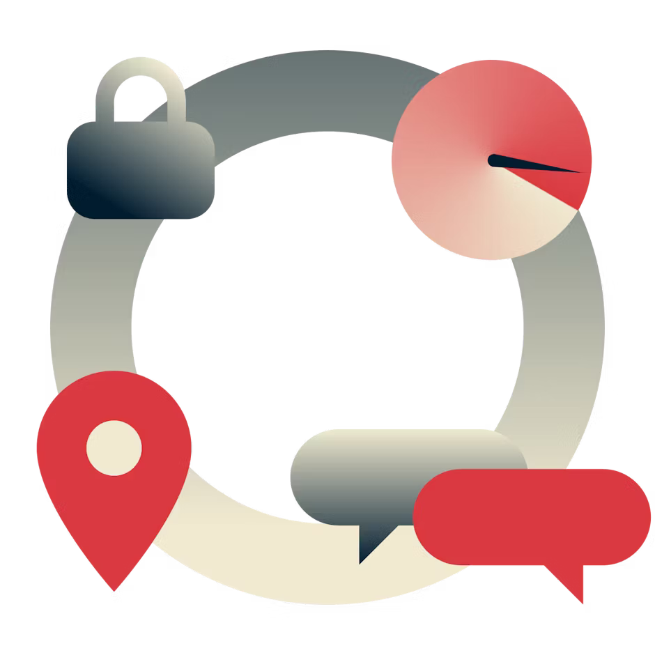 南京錠、スピードメーター、チャットバブル、ロケーションピンを備えた円形のイメージ。