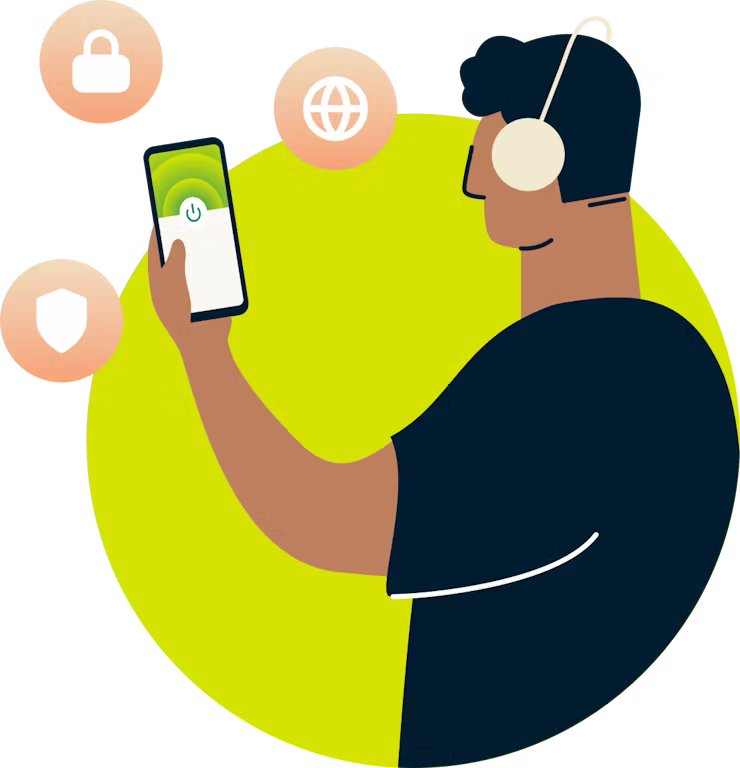 Illustration of man using phone with app UI