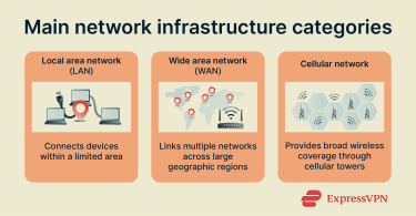 Main network infrastructure categories, including local area networks, wide area networks, and cellular networks.